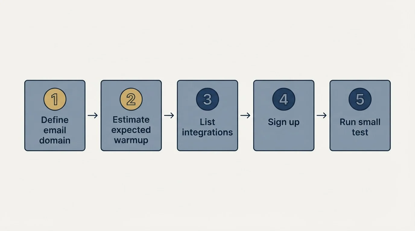 Step sequence: Getting Started Checklist (Define email domain, Estimate expected warmup, List integrations, Sign up)