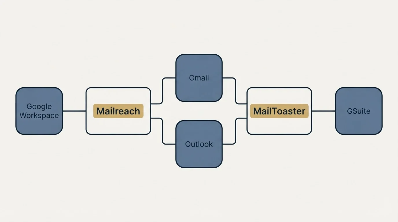 Integration schematic: Integration Ecosystem (Mailreach, MailToaster, Gmail, Outlook)