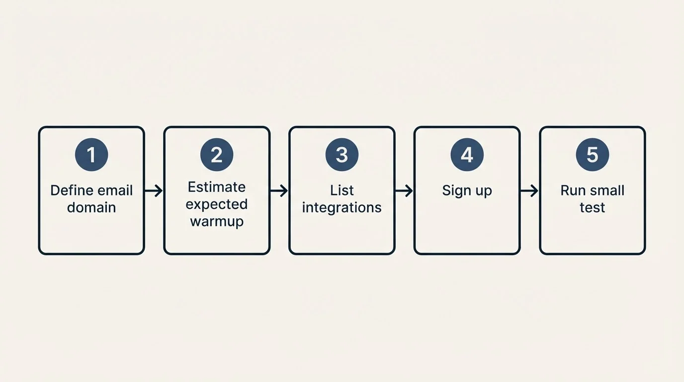 Step sequence: Getting Started Checklist (Define email domain, Estimate expected warmup, List integrations, Sign up)