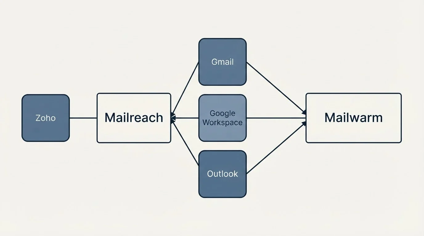 Integration schematic: Integration Ecosystem (Mailreach, Mailwarm, Gmail, Google Workspace)