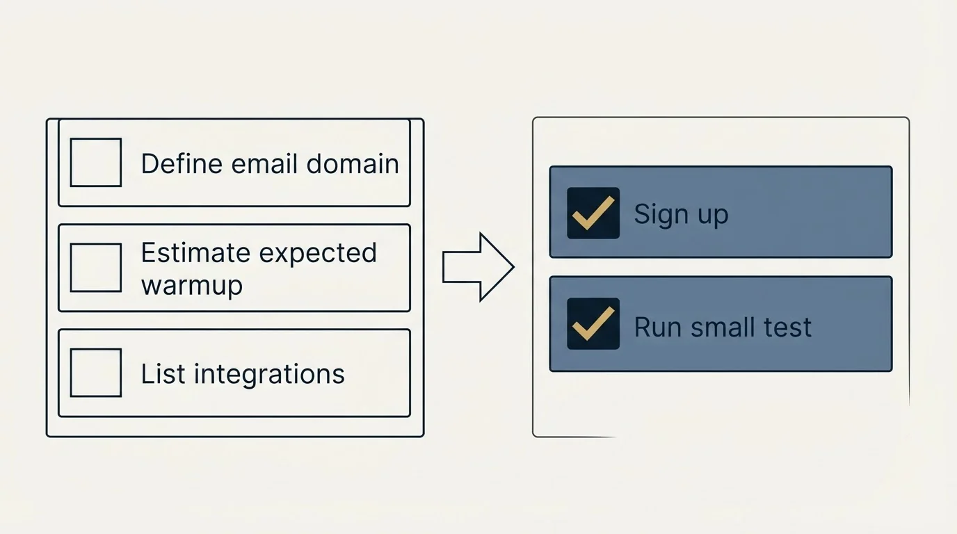 Before-and-after steps: Getting Started Checklist (Define email domain, Estimate expected warmup, List integrations, Sign up)