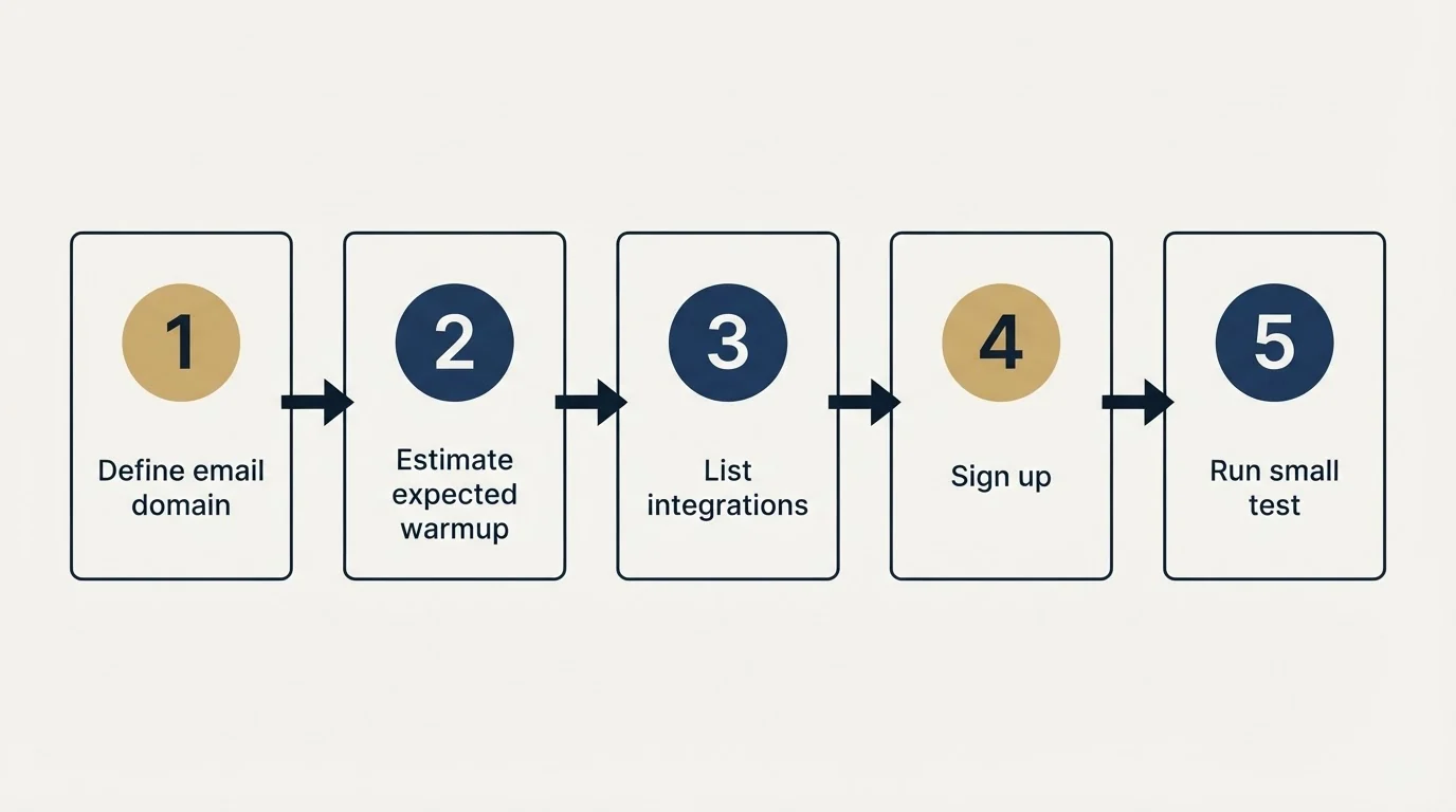 Step sequence: Getting Started Checklist (Define email domain, Estimate expected warmup, List integrations, Sign up)
