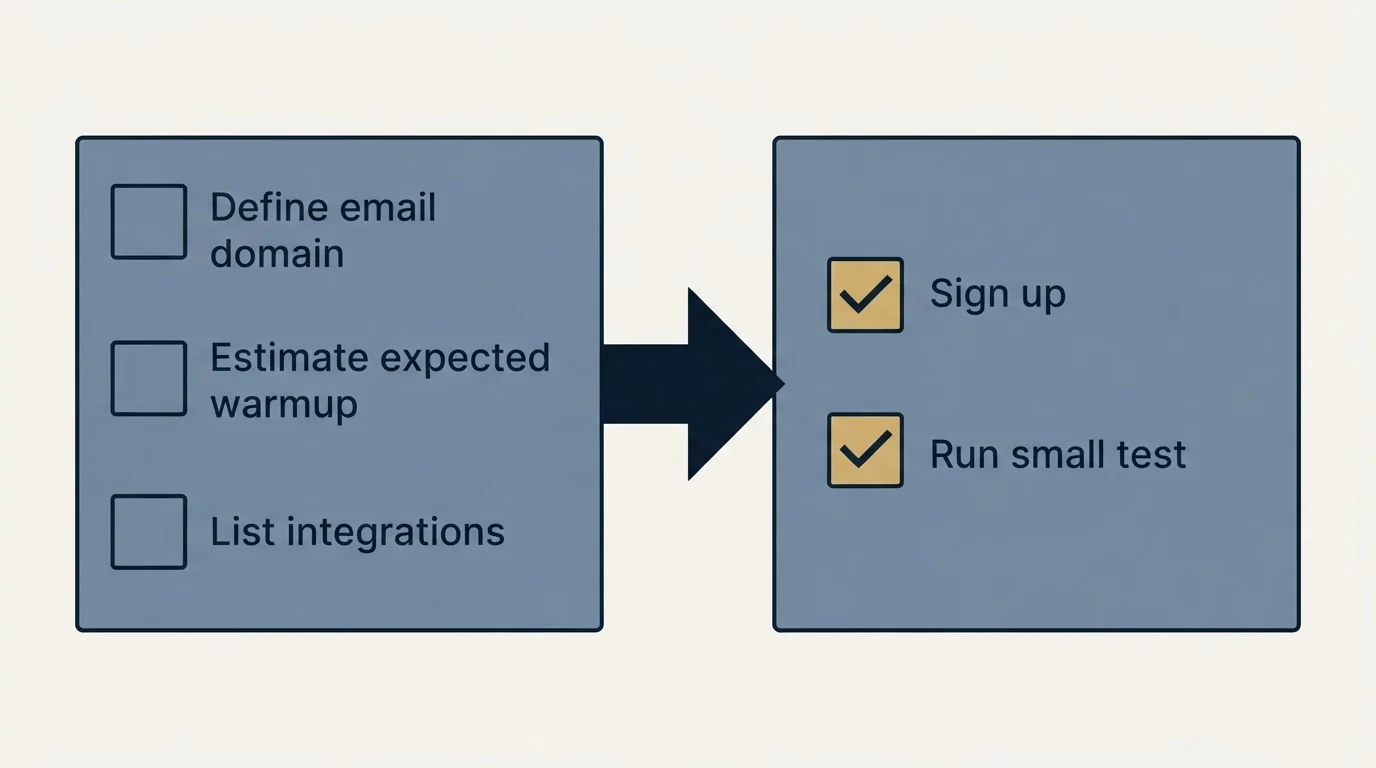 Before-and-after steps: Getting Started Checklist (Define email domain, Estimate expected warmup, List integrations, Sign up)