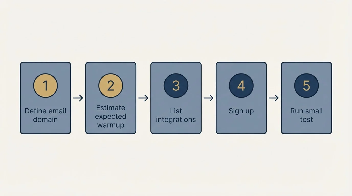 Step sequence: Getting Started Checklist (Define email domain, Estimate expected warmup, List integrations, Sign up)