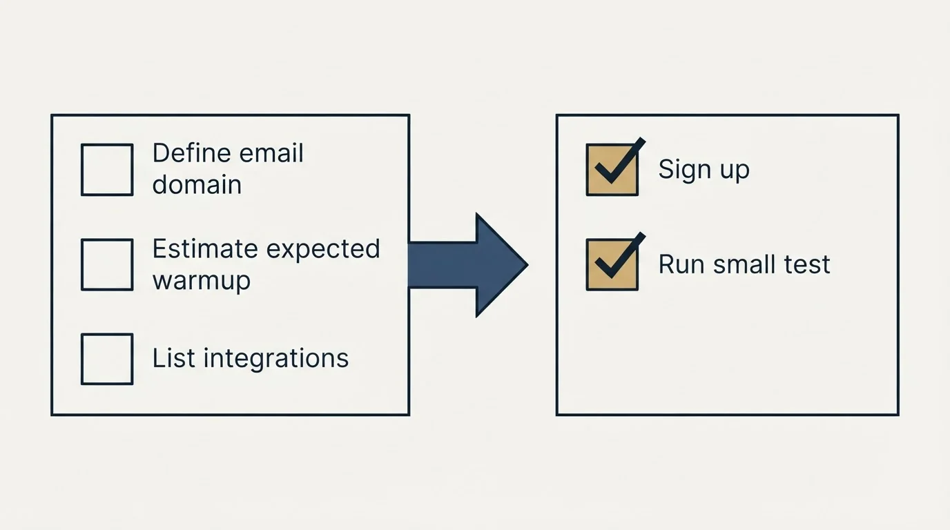Before-and-after steps: Getting Started Checklist (Define email domain, Estimate expected warmup, List integrations, Sign up)