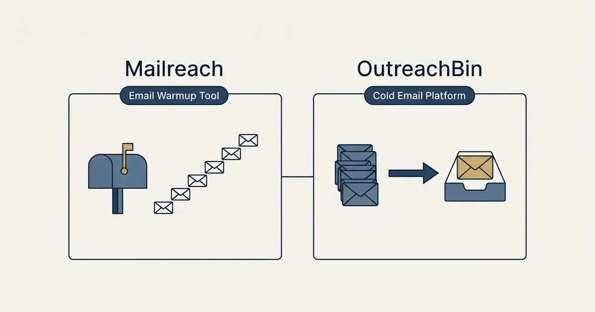 Side-by-side panels: Mailreach vs OutreachBin (Email Warmup Tool, Cold Email Platform)