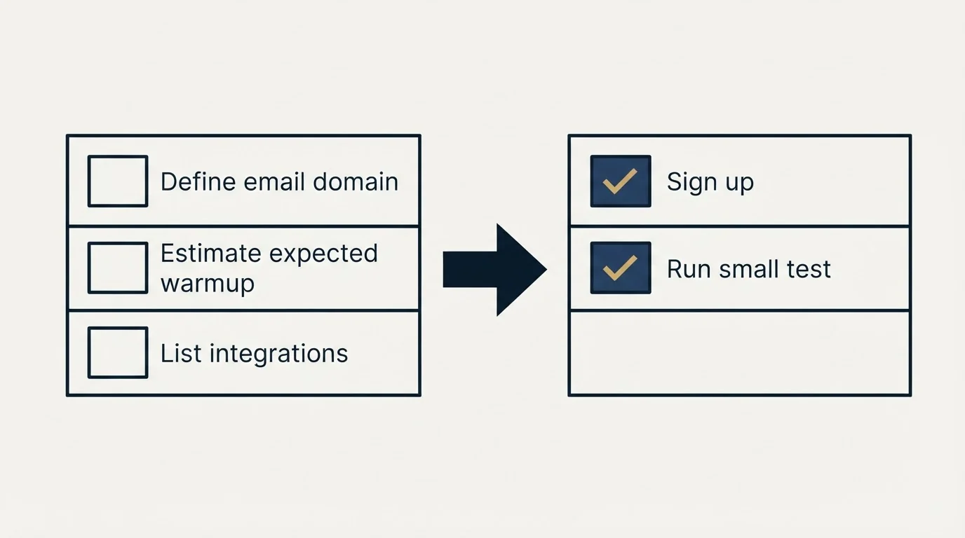 Before-and-after steps: Getting Started Checklist (Define email domain, Estimate expected warmup, List integrations, Sign up)