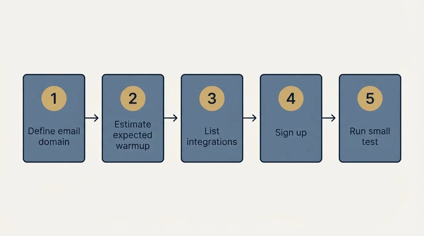 Step sequence: Getting Started Checklist (Define email domain, Estimate expected warmup, List integrations, Sign up)