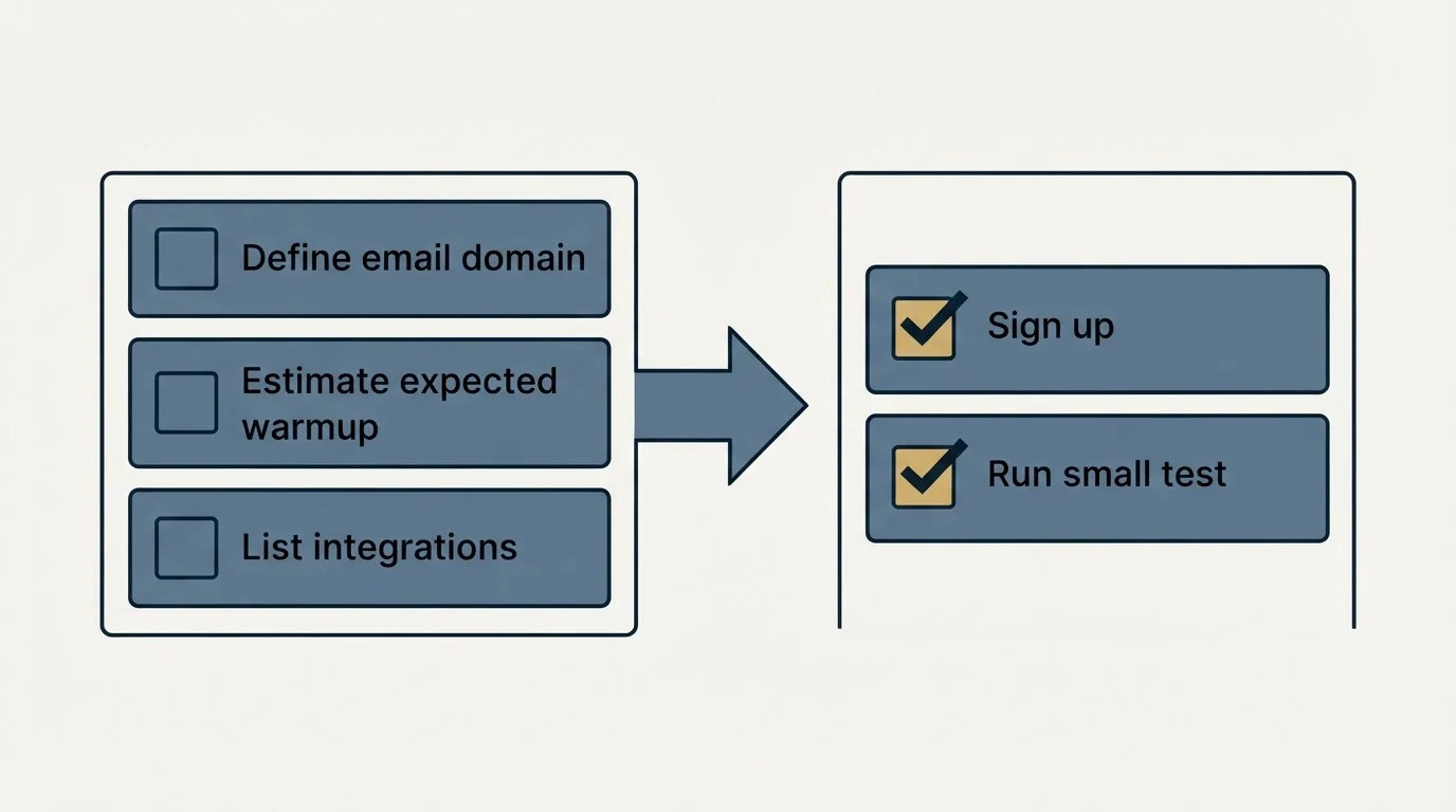Before-and-after steps: Getting Started Checklist (Define email domain, Estimate expected warmup, List integrations, Sign up)