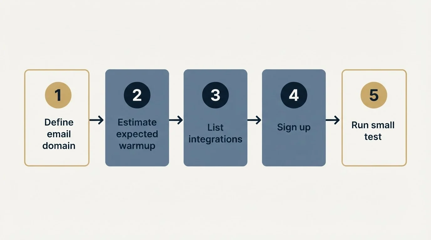 Step sequence: Getting Started Checklist (Define email domain, Estimate expected warmup, List integrations, Sign up)