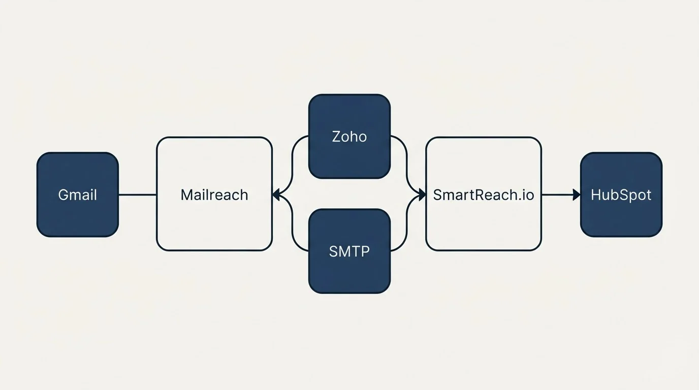 Integration schematic: Integration Ecosystem (Mailreach, SmartReach.io, Zoho, SMTP)