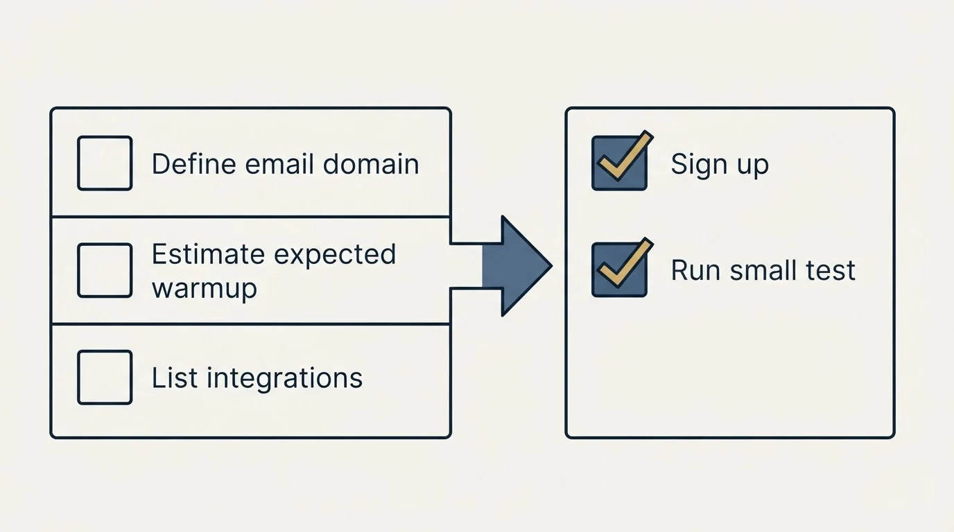 Before-and-after steps: Getting Started Checklist (Define email domain, Estimate expected warmup, List integrations, Sign up)