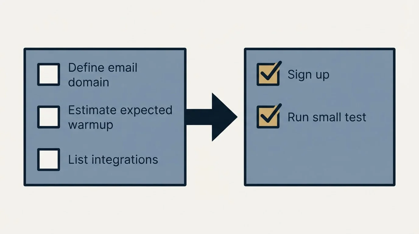 Before-and-after steps: Getting Started Checklist (Define email domain, Estimate expected warmup, List integrations, Sign up)
