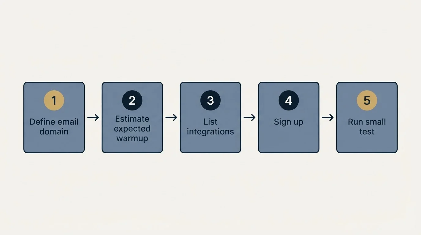 Step sequence: Getting Started Checklist (Define email domain, Estimate expected warmup, List integrations, Sign up)