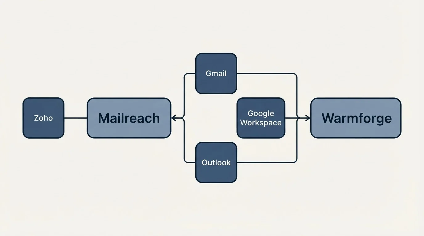 Integration schematic: Integration Ecosystem (Mailreach, Warmforge, Gmail, Google Workspace)