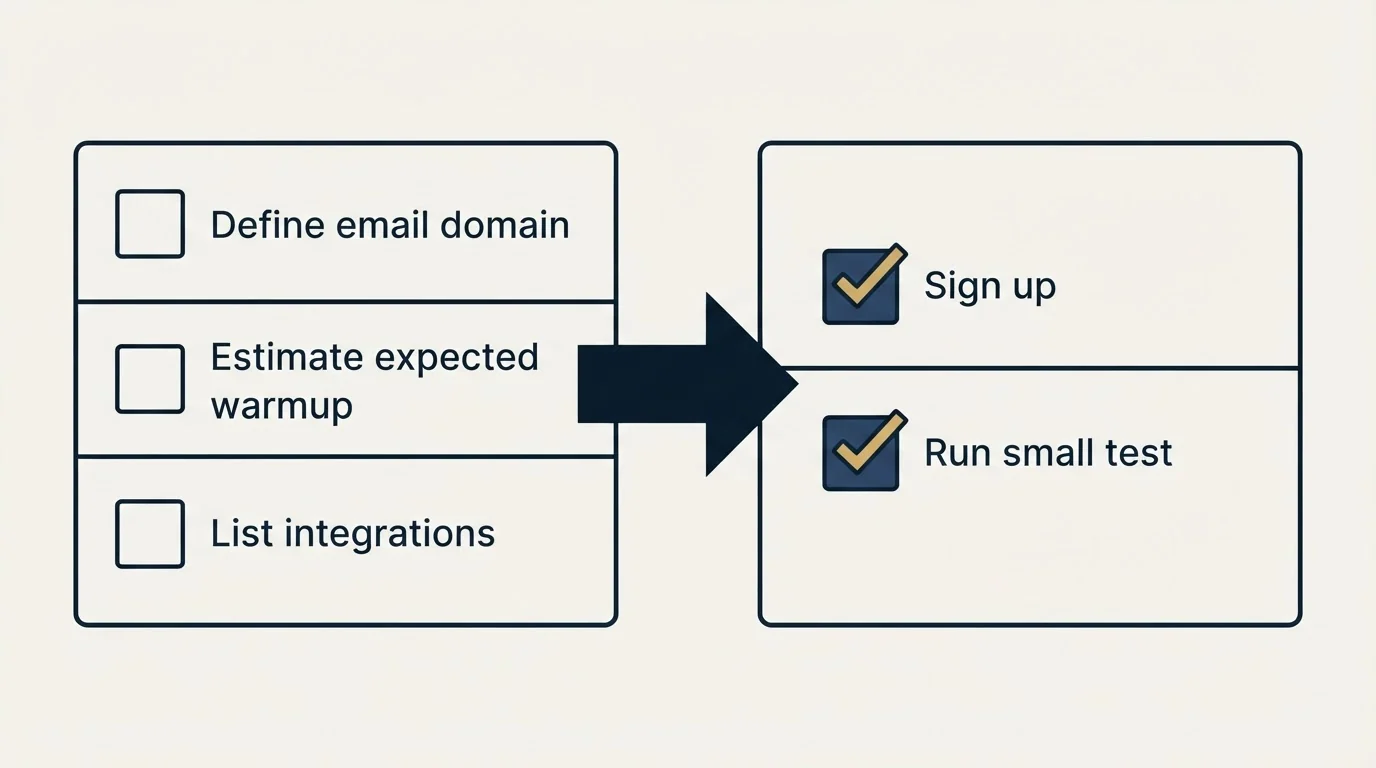 Before-and-after steps: Getting Started Checklist (Define email domain, Estimate expected warmup, List integrations, Sign up)