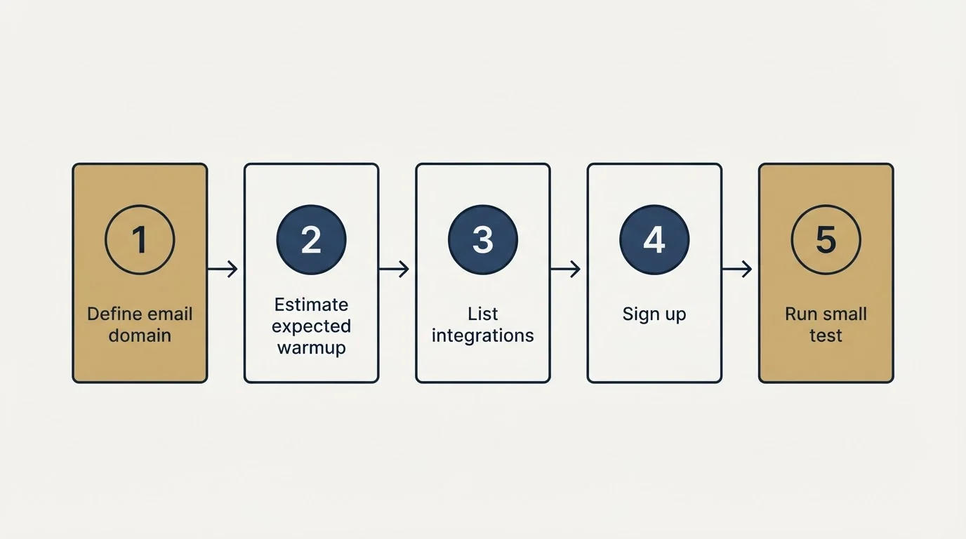 Step sequence: Getting Started Checklist (Define email domain, Estimate expected warmup, List integrations, Sign up)