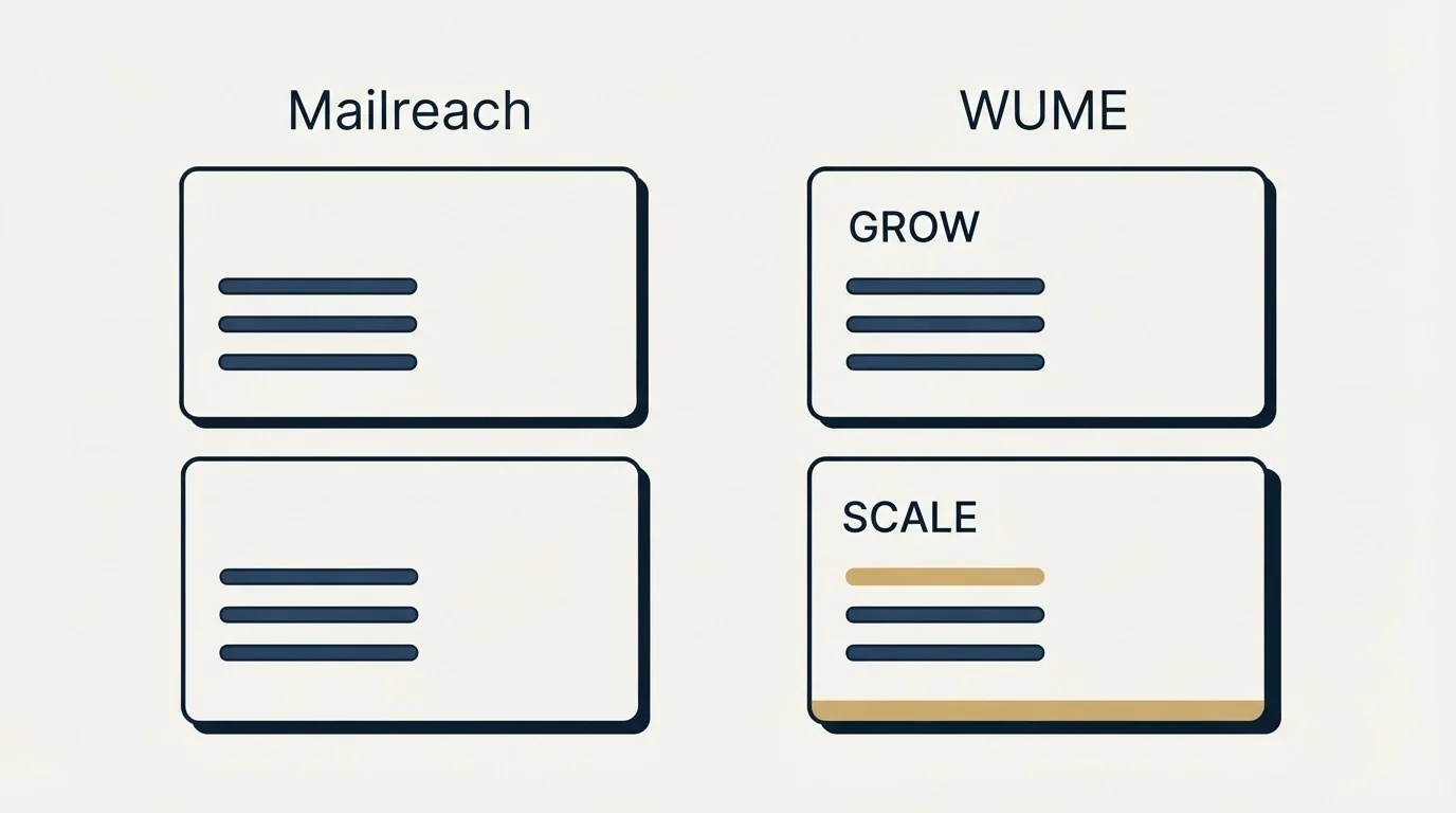 Pricing panels: Pricing Comparison (Mailreach, WUME, GROW, SCALE)