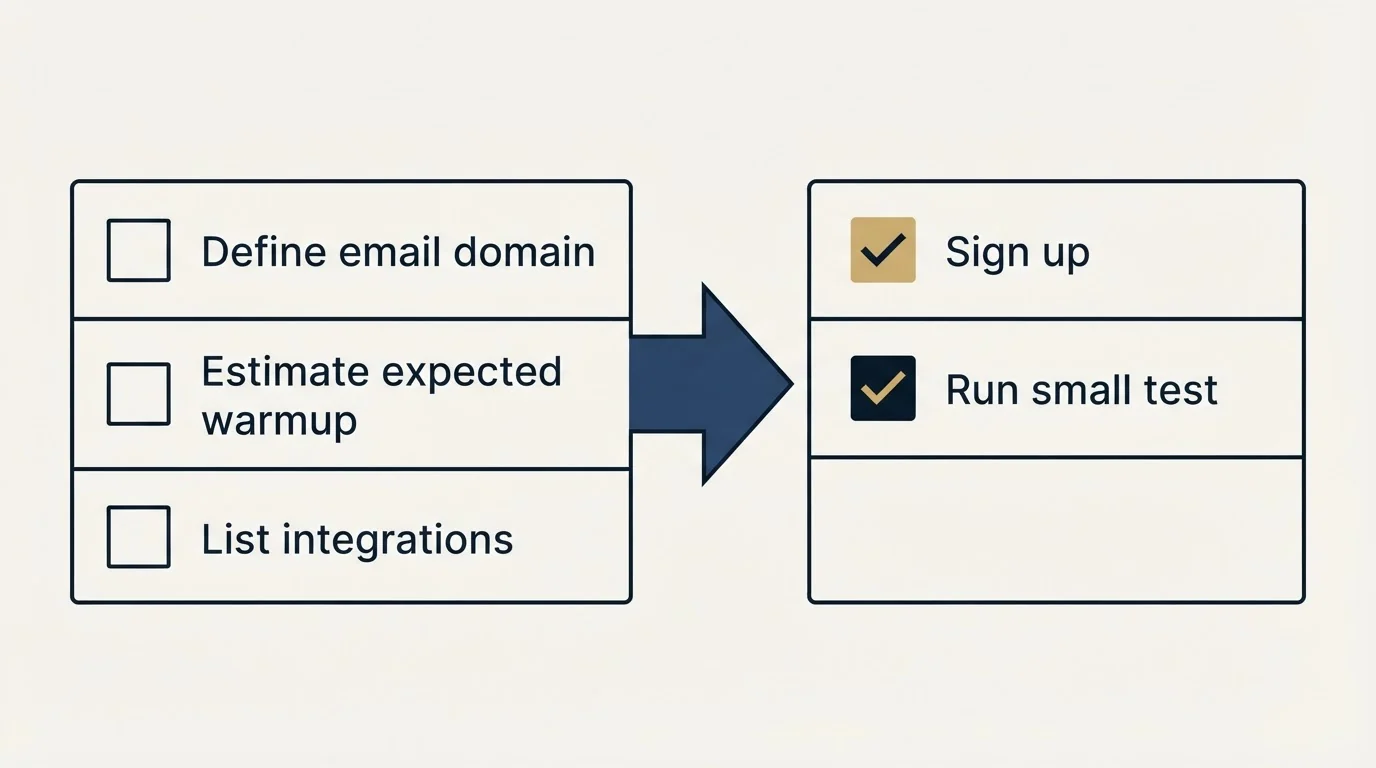 Before-and-after steps: Getting Started Checklist (Define email domain, Estimate expected warmup, List integrations, Sign up)