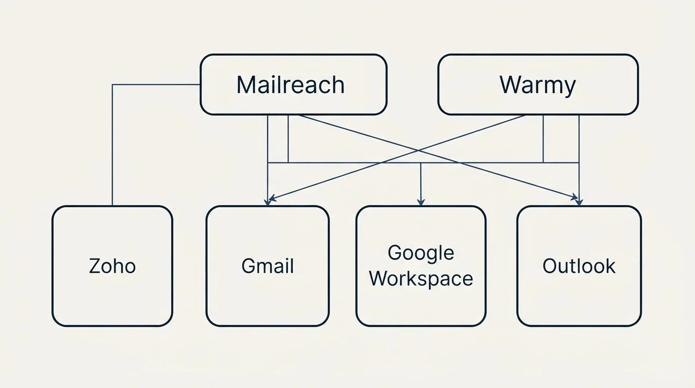 Integration grid: Integration Ecosystem (Mailreach, Warmy, Gmail, Google Workspace)