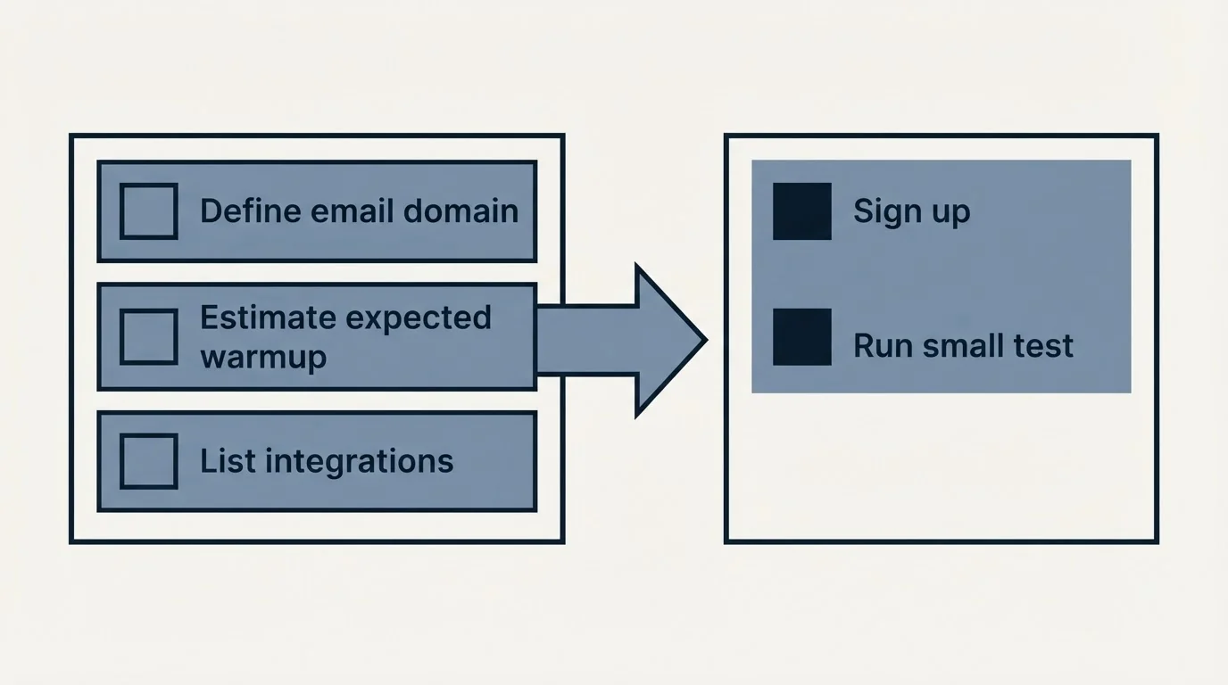 Before-and-after steps: Getting Started Checklist (Define email domain, Estimate expected warmup, List integrations, Sign up)
