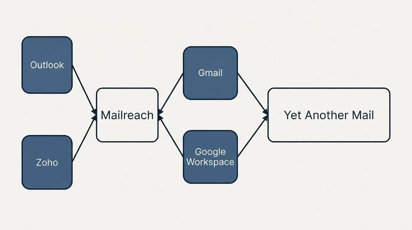 Integration schematic: Integration Ecosystem (Mailreach, Yet Another Mail, Gmail, Google Workspace)