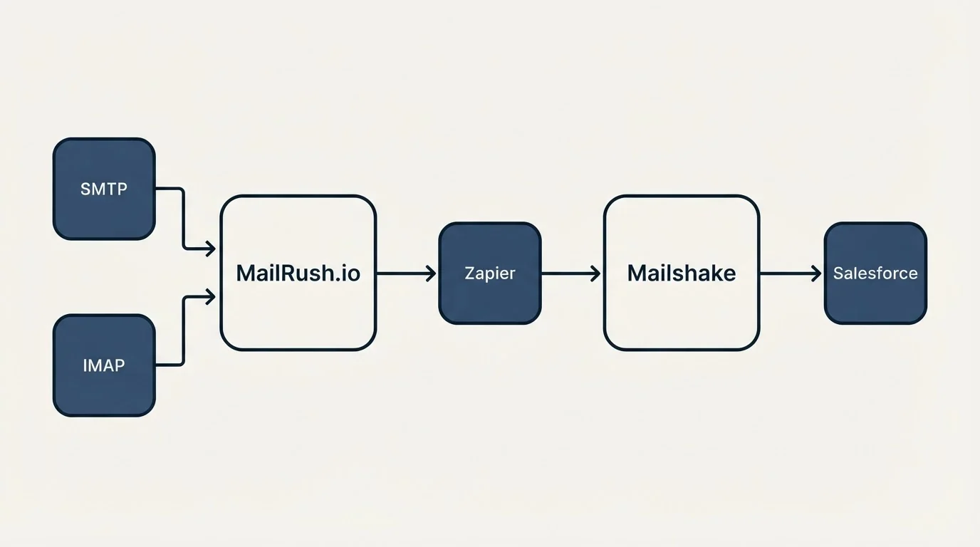 Integration schematic: Integration Ecosystem (MailRush.io, Mailshake, Zapier, SMTP)