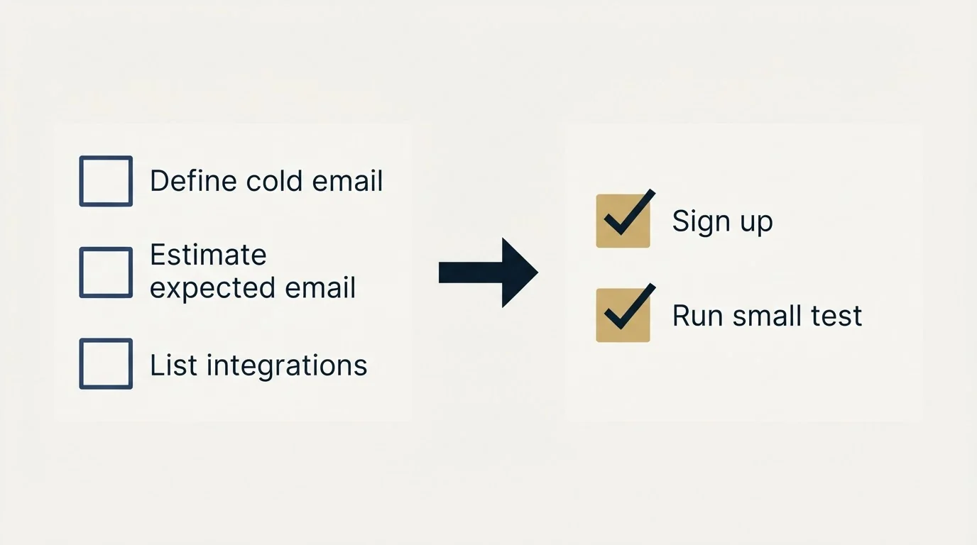 Before-and-after steps: Getting Started Checklist (Define cold email, Estimate expected email, List integrations, Sign up)
