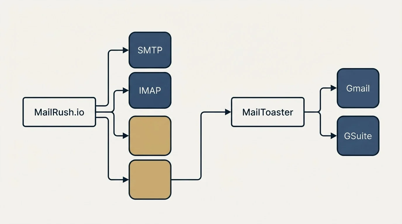 Integration schematic: Integration Ecosystem (MailRush.io, MailToaster, SMTP, Gmail)