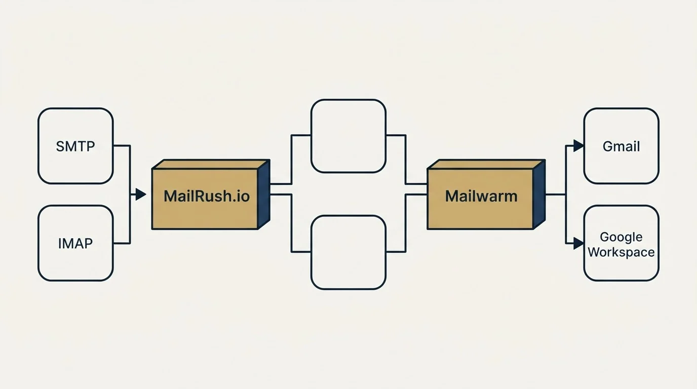Integration flow: Integration Ecosystem (MailRush.io, Mailwarm, SMTP, Gmail)