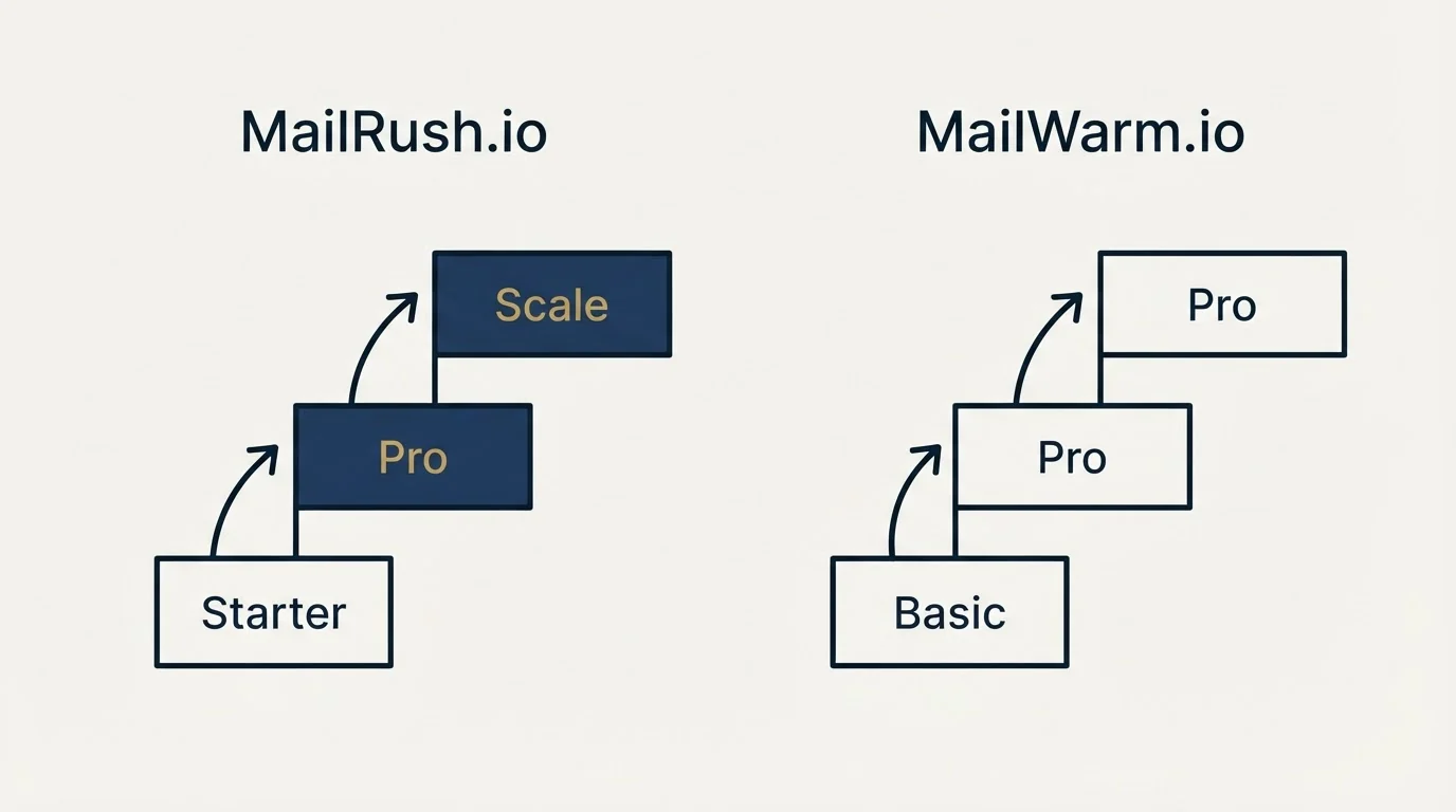 Pricing ladder: Pricing Comparison (MailRush.io, MailWarm.io, Starter, Basic)