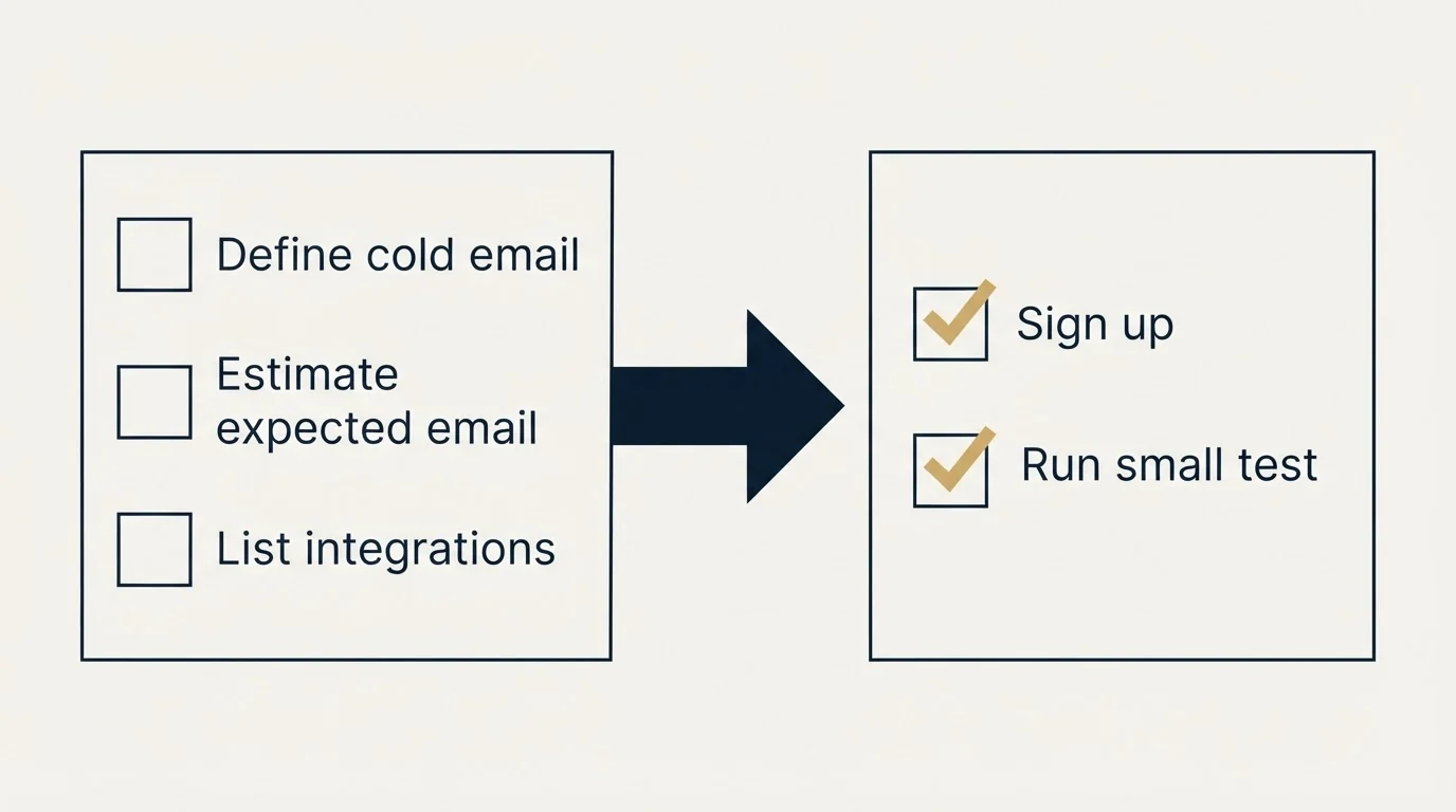 Before-and-after steps: Getting Started Checklist (Define cold email, Estimate expected email, List integrations, Sign up)