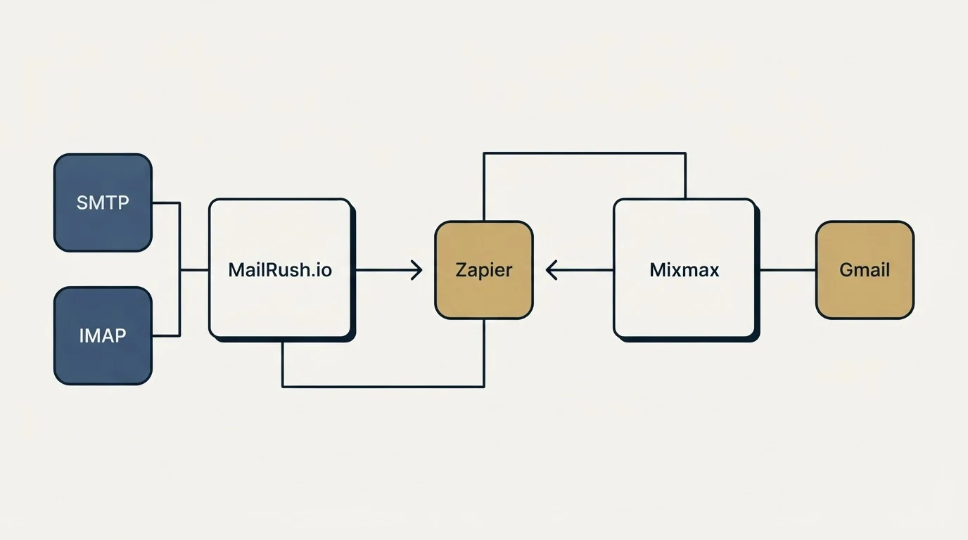 Integration flow: Integration Ecosystem (MailRush.io, Mixmax, Zapier, SMTP)