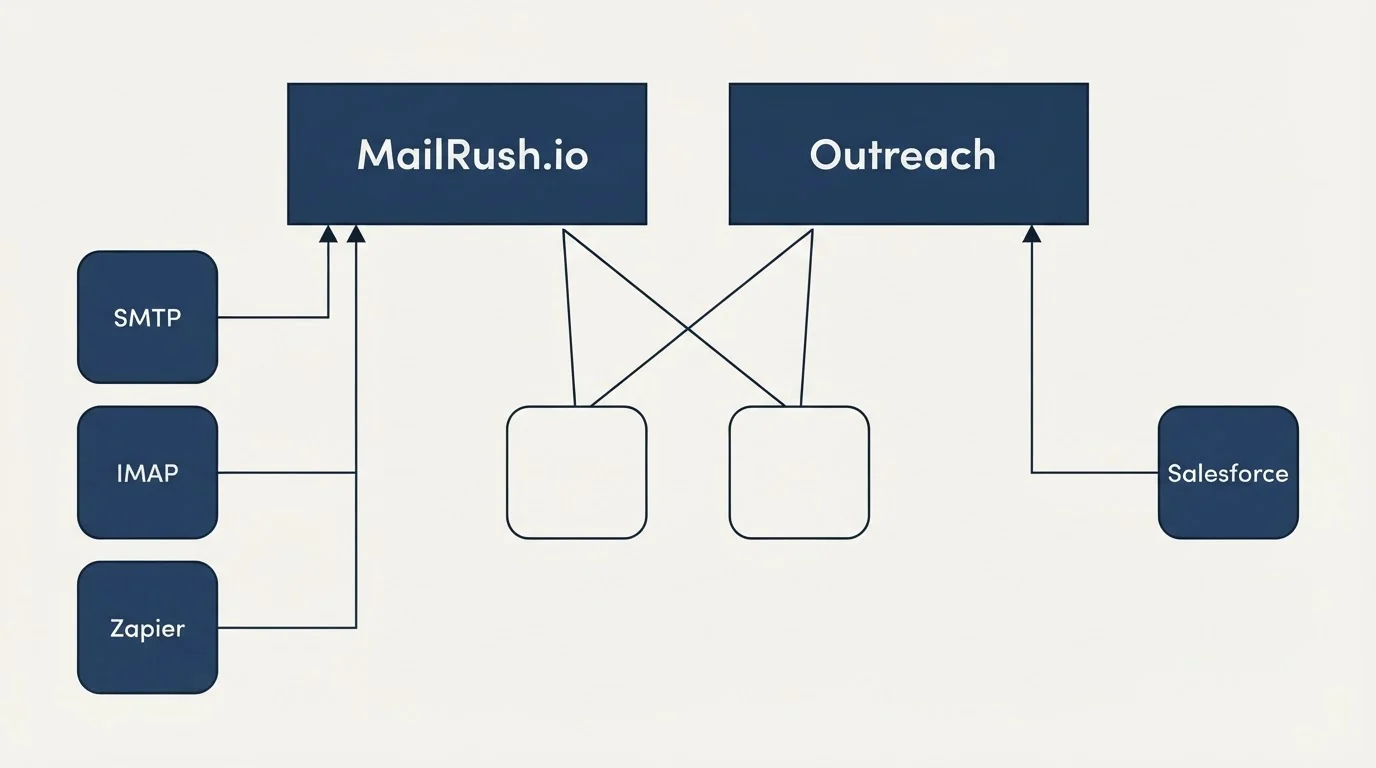 Integration grid: Integration Ecosystem (MailRush.io, Outreach, SMTP, Salesforce)