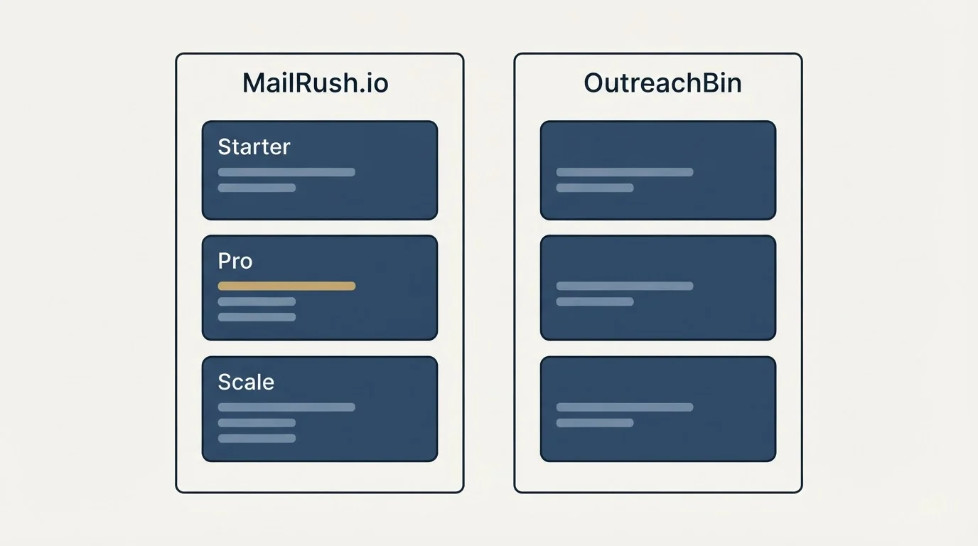 Pricing panels: Pricing Comparison (MailRush.io, OutreachBin, Starter, Pro)