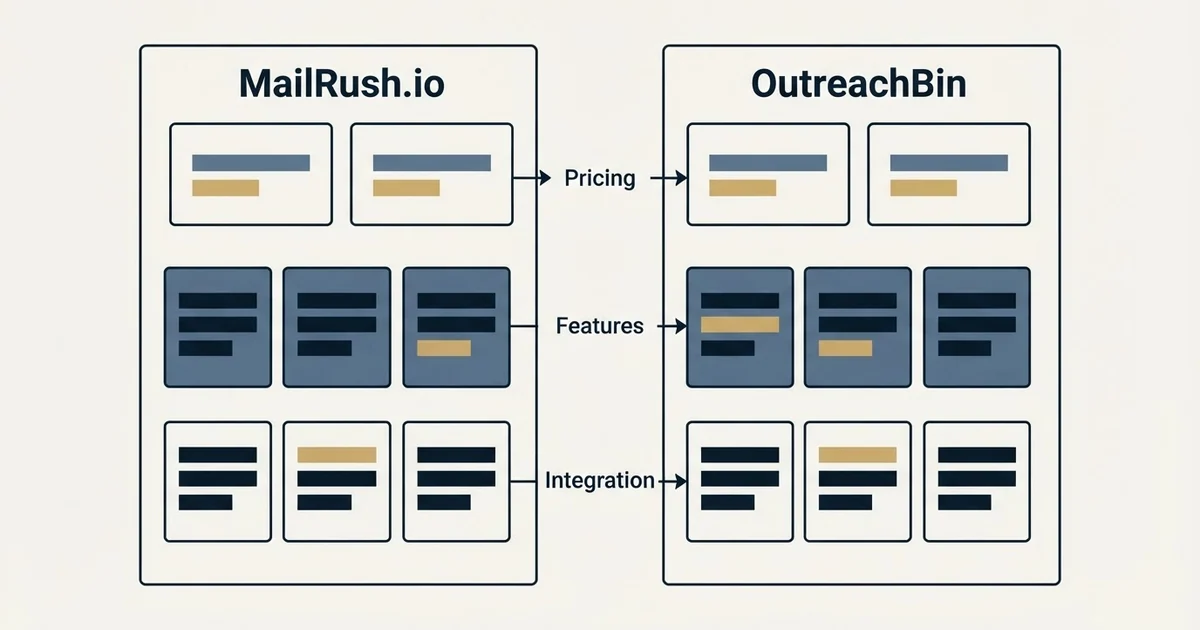 Comparison panel: MailRush.io vs OutreachBin (Pricing, Features, Integration)