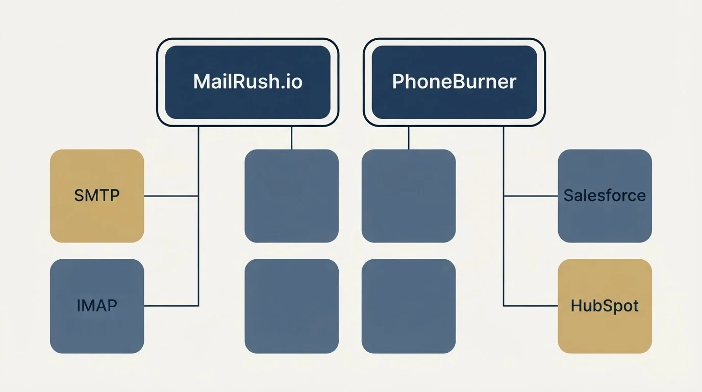 Integration grid: Integration Ecosystem (MailRush.io, PhoneBurner, SMTP, Salesforce)