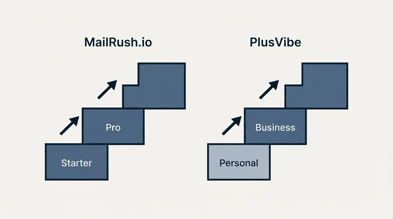 Pricing ladder: Pricing Comparison (MailRush.io, PlusVibe, Starter, Personal)