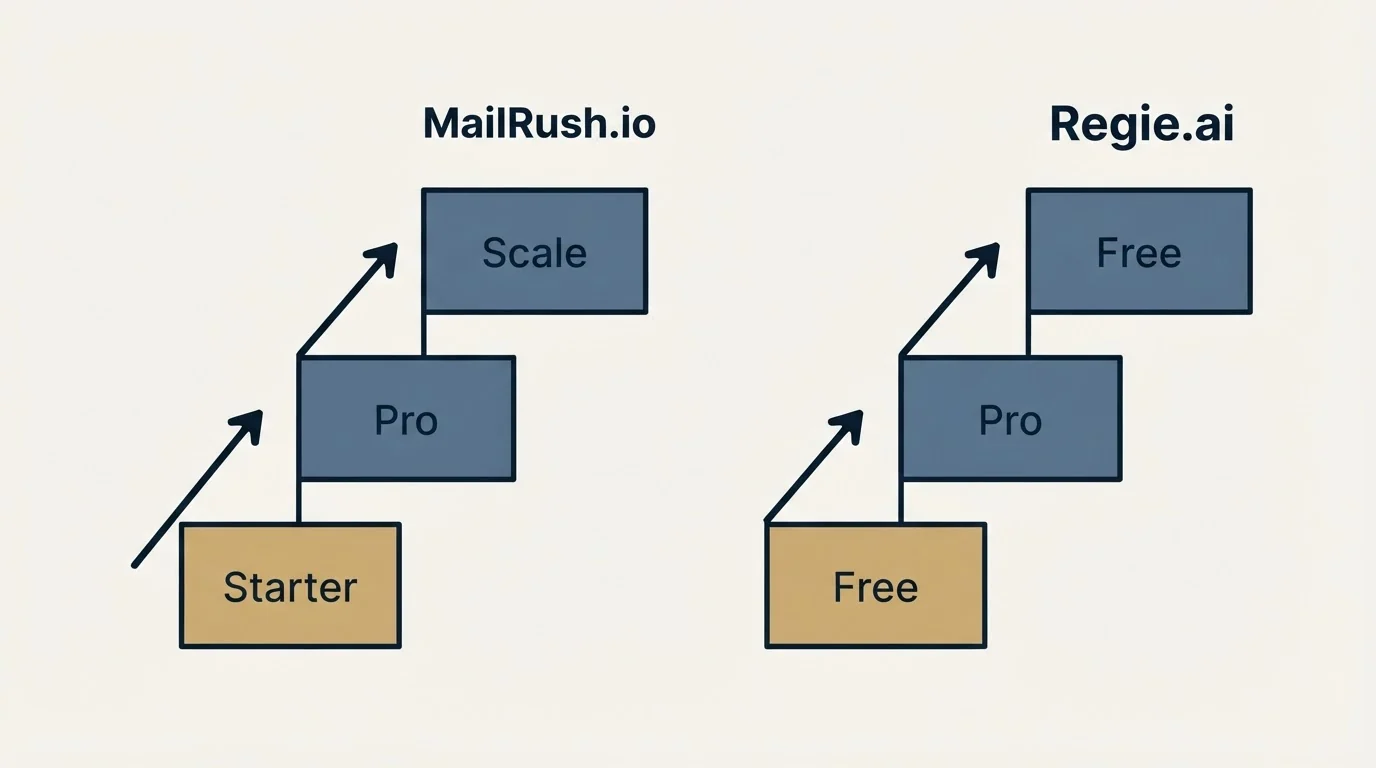 Pricing ladder: Pricing Comparison (MailRush.io, Regie.ai, Starter, Free)