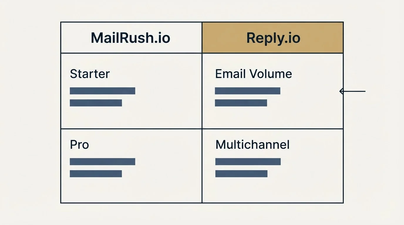 Pricing table: Pricing Comparison (MailRush.io, Reply.io, Starter, Email Volume)