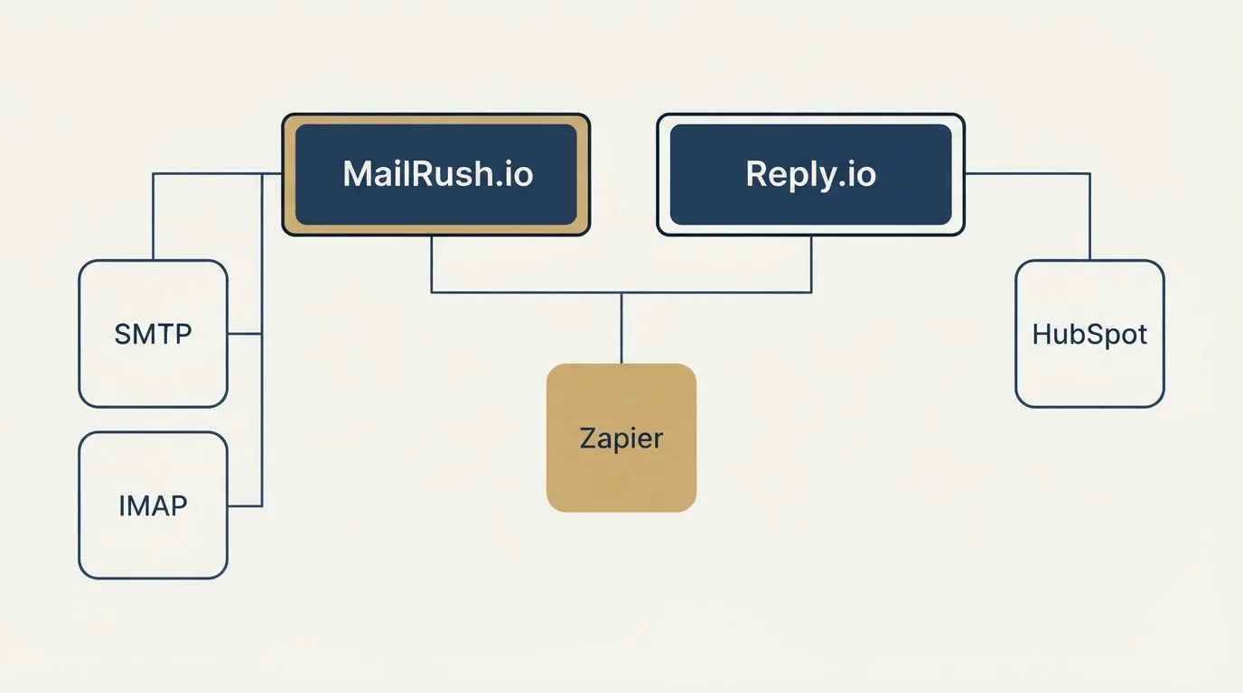 Integration grid: Integration Ecosystem (MailRush.io, Reply.io, Zapier, SMTP)
