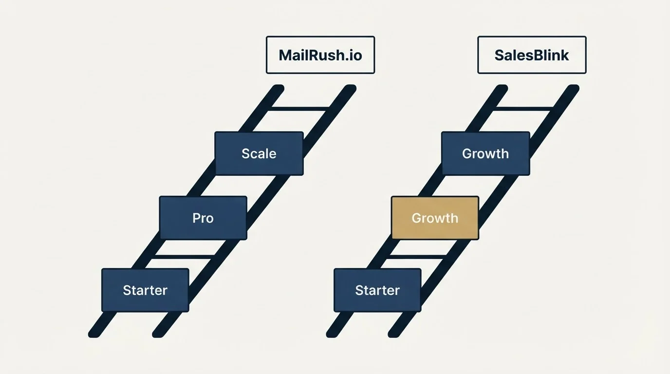 Pricing ladder: Pricing Comparison (MailRush.io, SalesBlink, Starter, Pro)