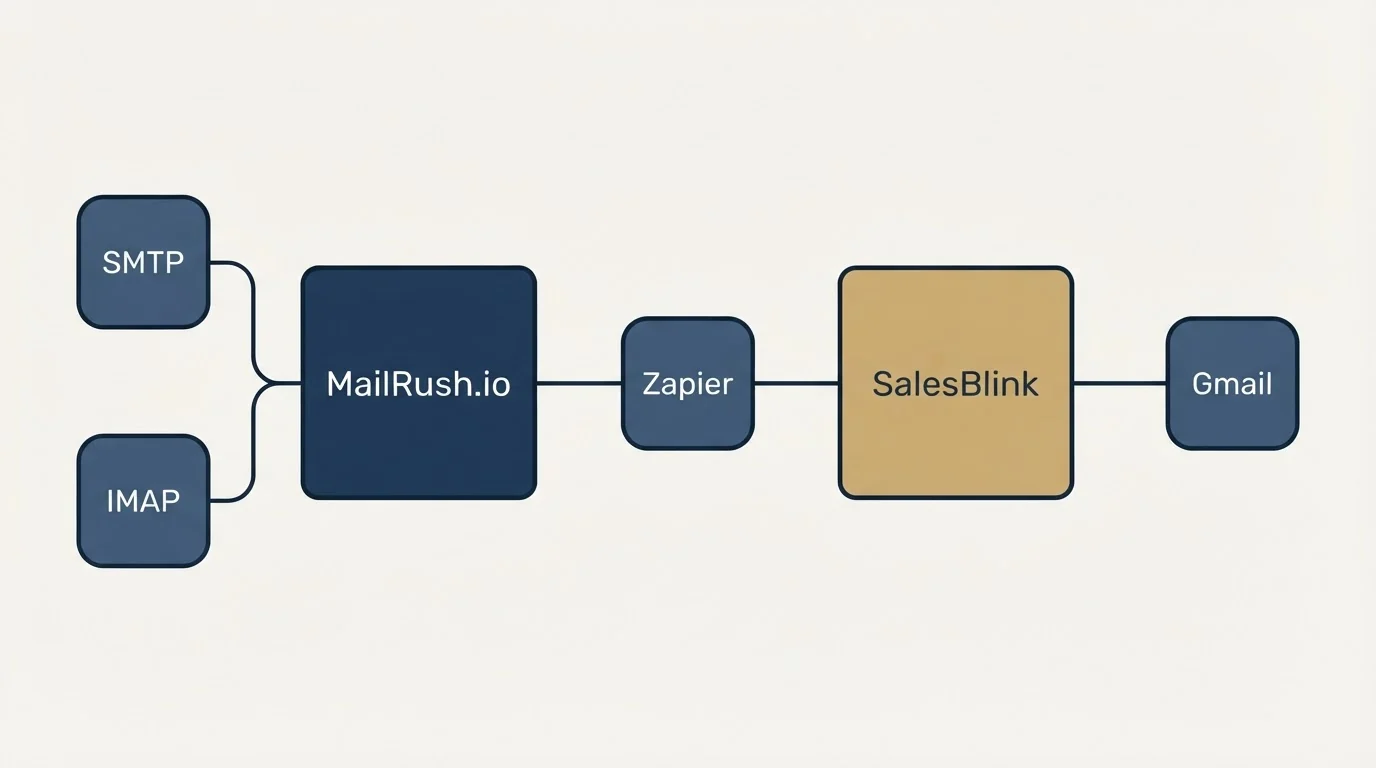 Integration schematic: Integration Ecosystem (MailRush.io, SalesBlink, Zapier, SMTP)