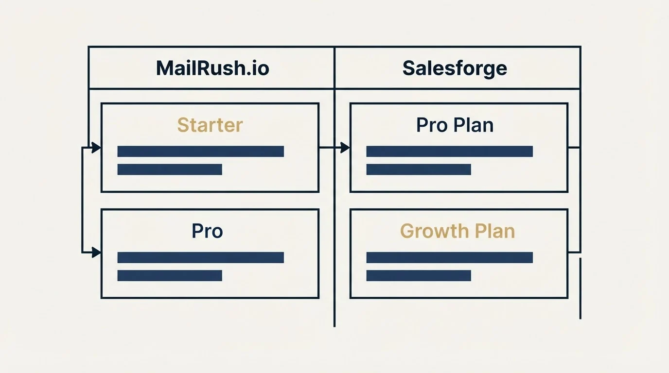 Pricing table: Pricing Comparison (MailRush.io, Salesforge, Starter, Pro Plan)