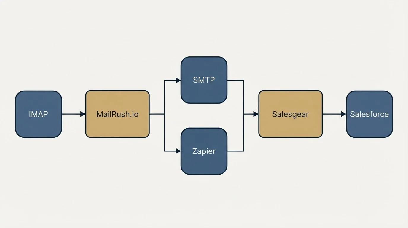 Integration flow: Integration Ecosystem (MailRush.io, Salesgear, SMTP, Zapier)