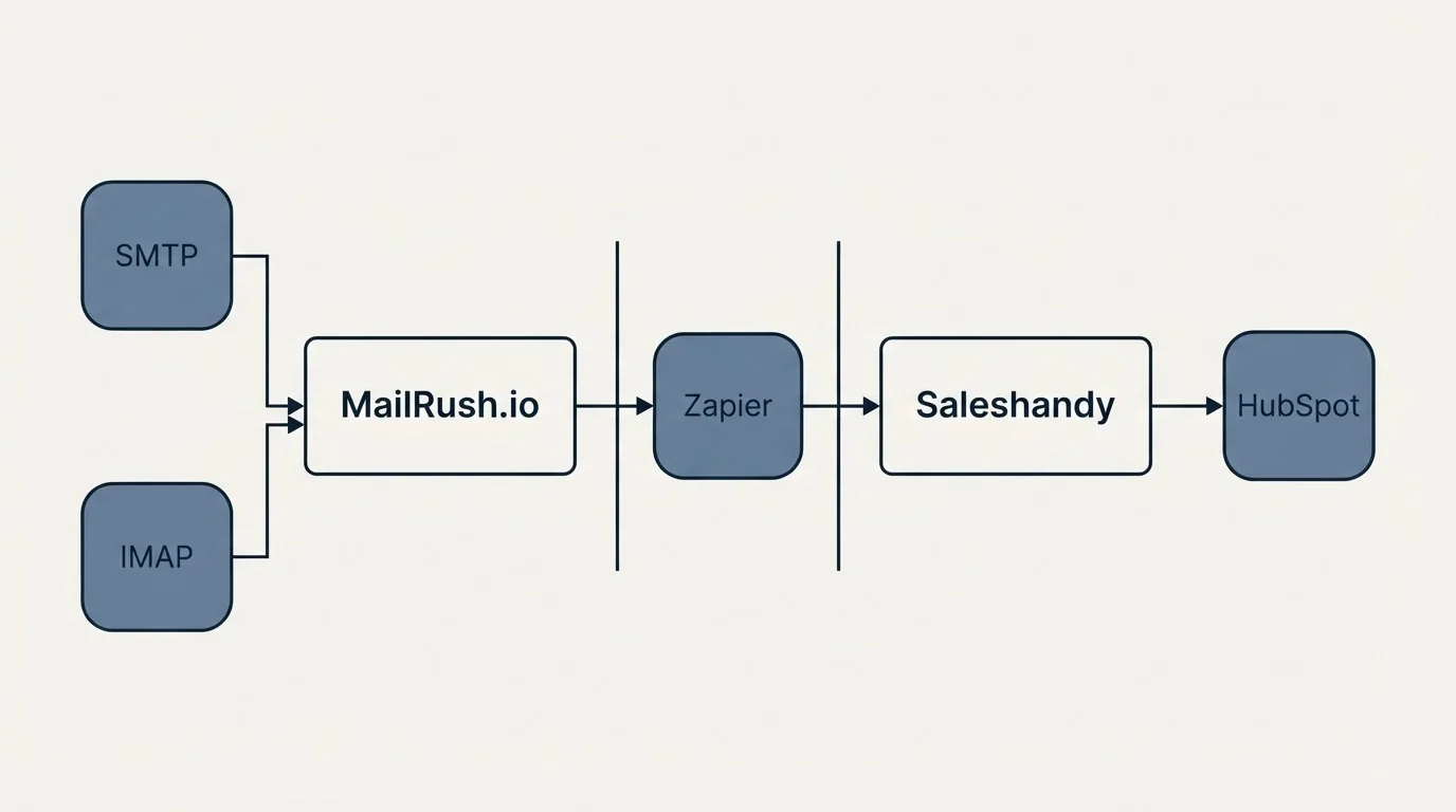 Integration flow: Integration Ecosystem (MailRush.io, Saleshandy, Zapier, SMTP)