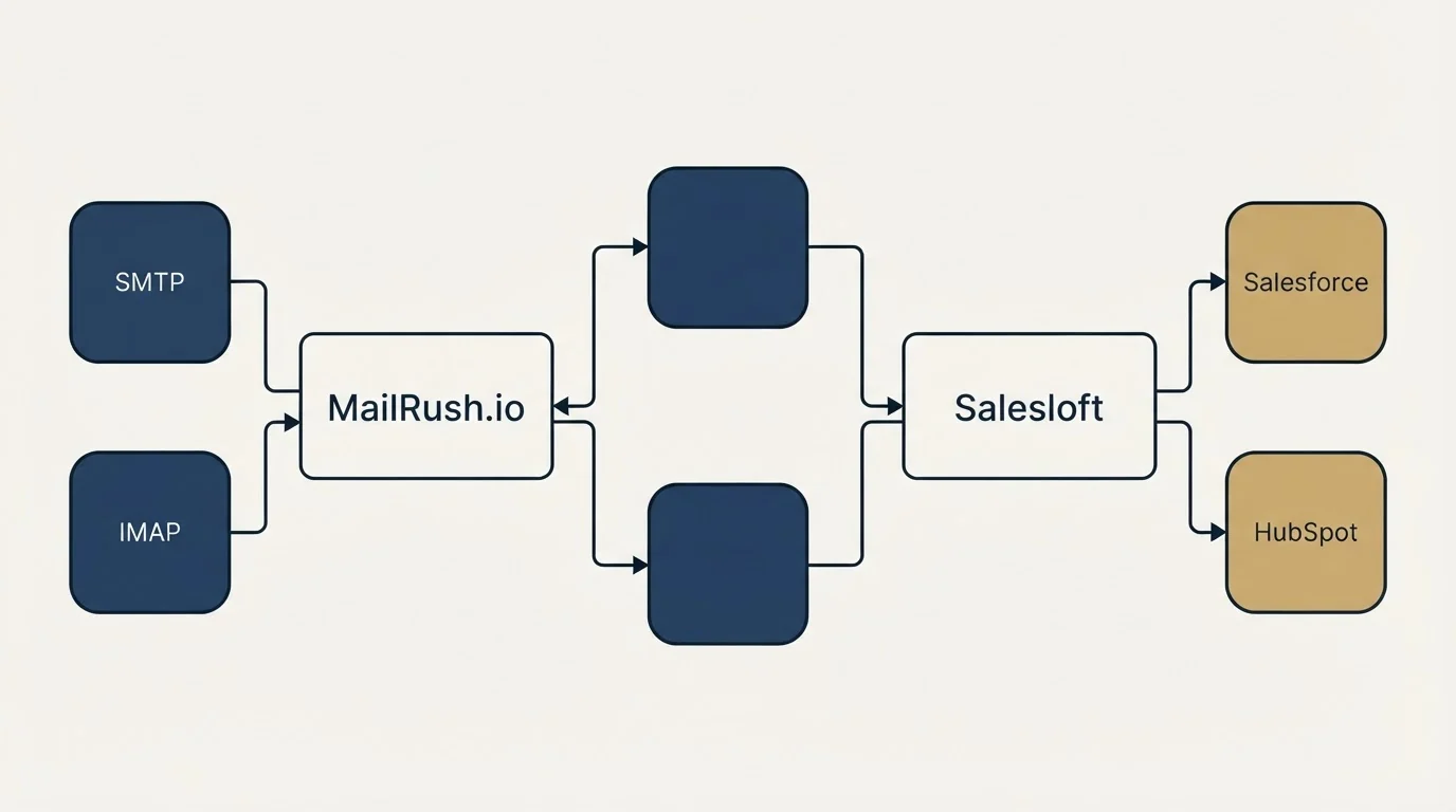 Integration flow: Integration Ecosystem (MailRush.io, Salesloft, SMTP, Salesforce)