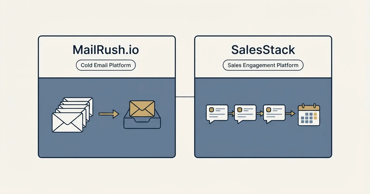 Side-by-side panels: MailRush.io vs SalesStack (Cold Email Platform, Sales Engagement Platform)