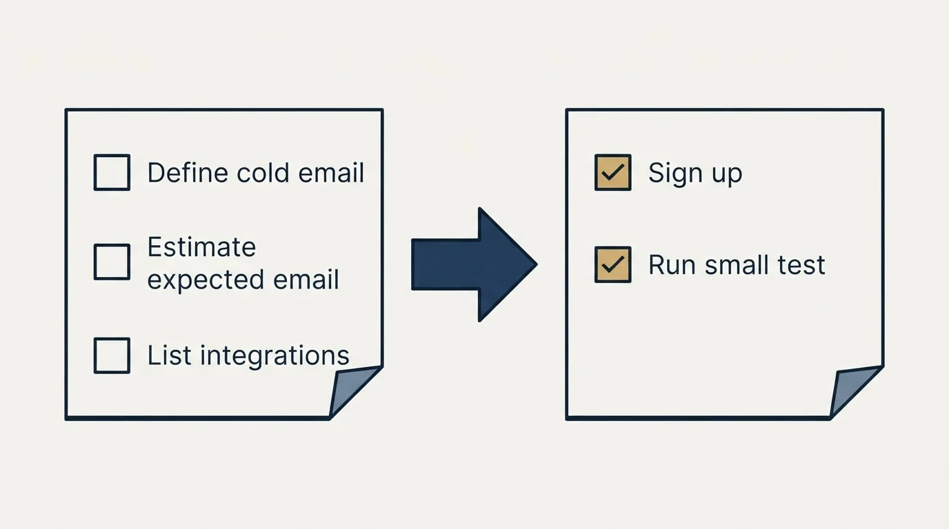 Before-and-after steps: Getting Started Checklist (Define cold email, Estimate expected email, List integrations, Sign up)