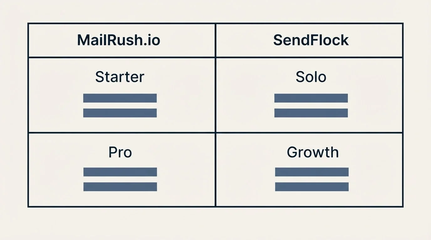 Pricing table: Pricing Comparison (MailRush.io, SendFlock, Starter, Solo)